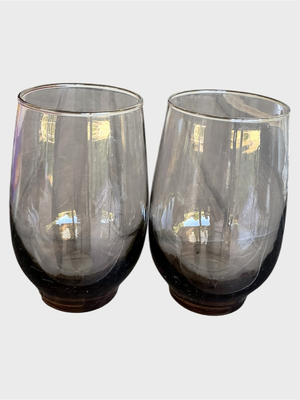 Vintage Libbey Moonstone Smoky Gray Stemless Wine Glasses Set of 2 15.25 oz Pair